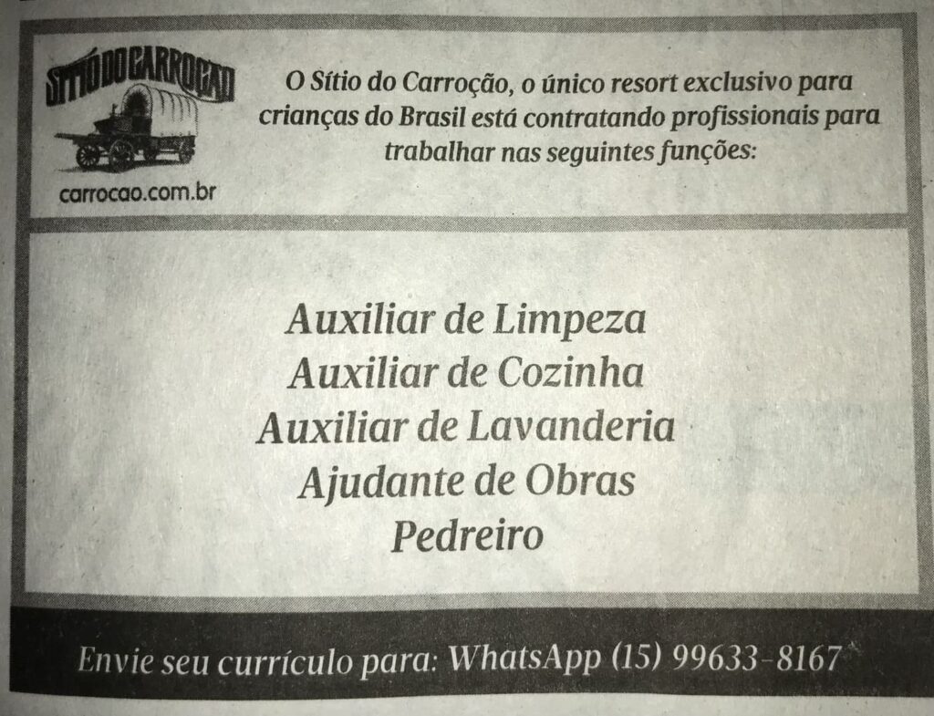 Vagas de emprego no Sítio do Carroção em Tatuí SP.