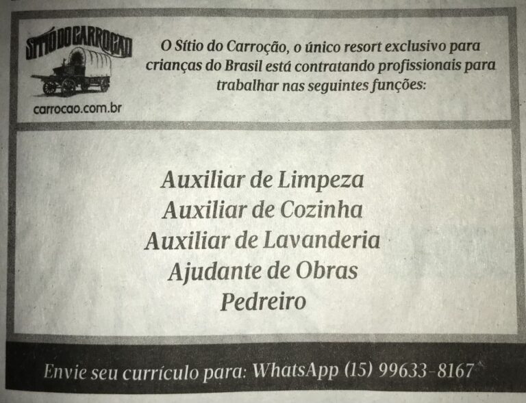 Vagas de emprego no Sítio do Carroção em Tatuí SP.