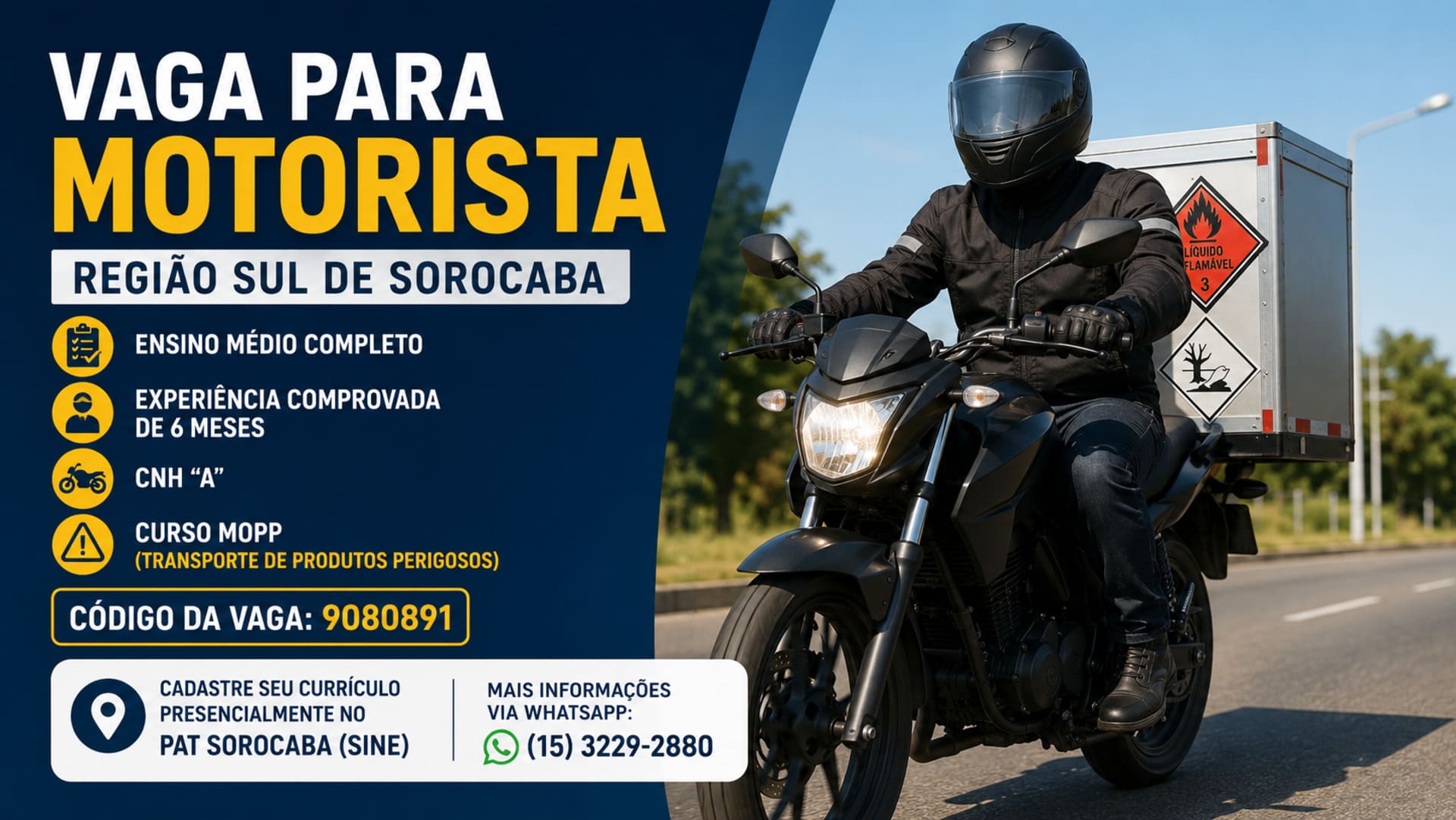 Vaga para Motorista em Sorocaba oportunidade para profissionais com CNH A e curso MOPP.