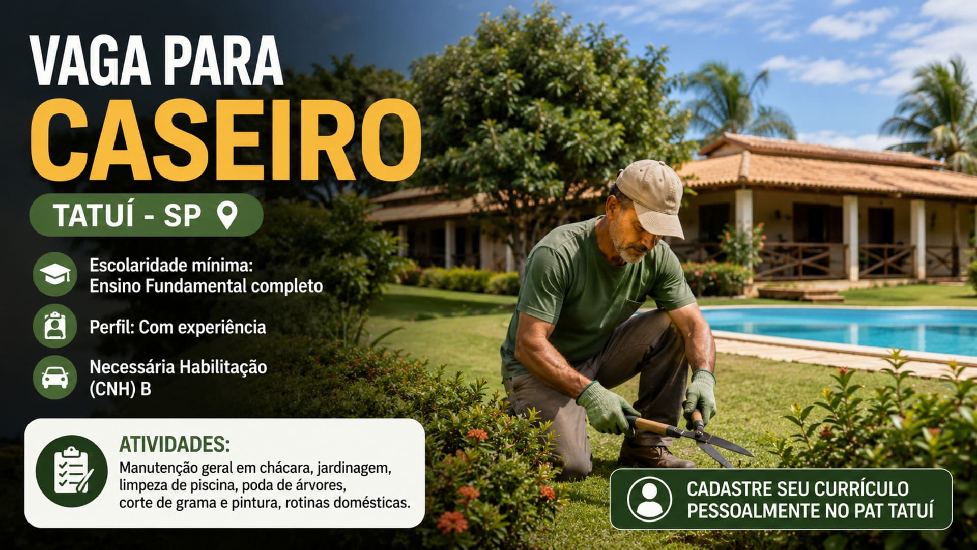 Vaga de caseiro em Tatuí SP.