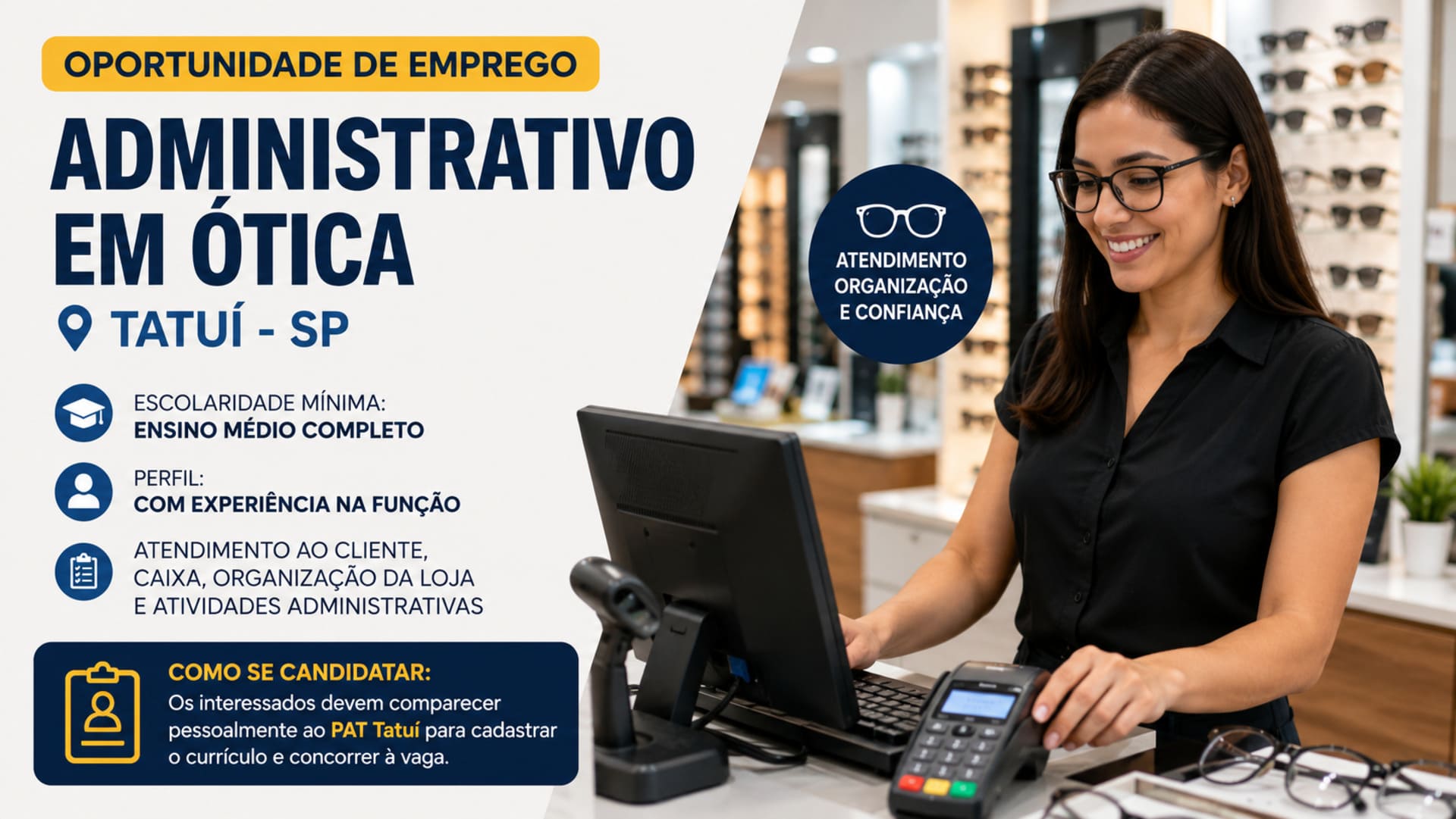 Vaga para Administrativo em Ótica em Tatuí.