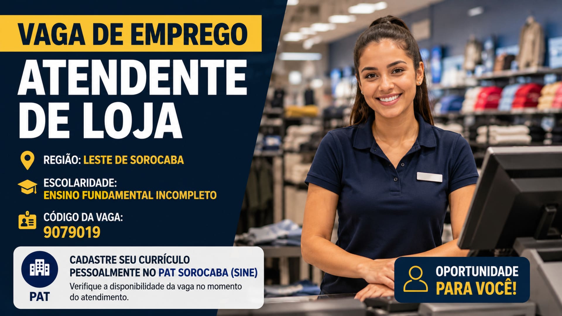 Vaga para Atendente de Loja em Sorocaba.