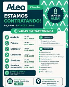 Vagas de emprego na Construtora Alea em Itapetininga SP.