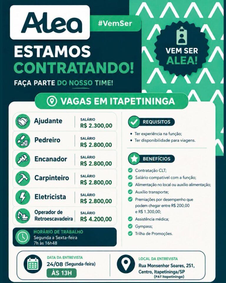 Vagas de emprego na Construtora Alea em Itapetininga SP.