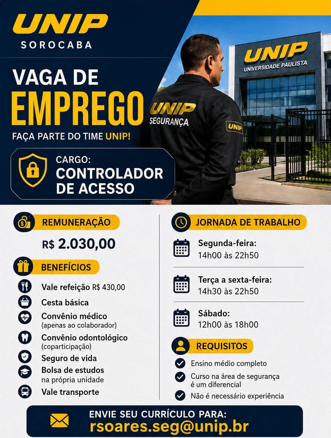 vaga de emprego controlador de acesso unip sorocaba sp.