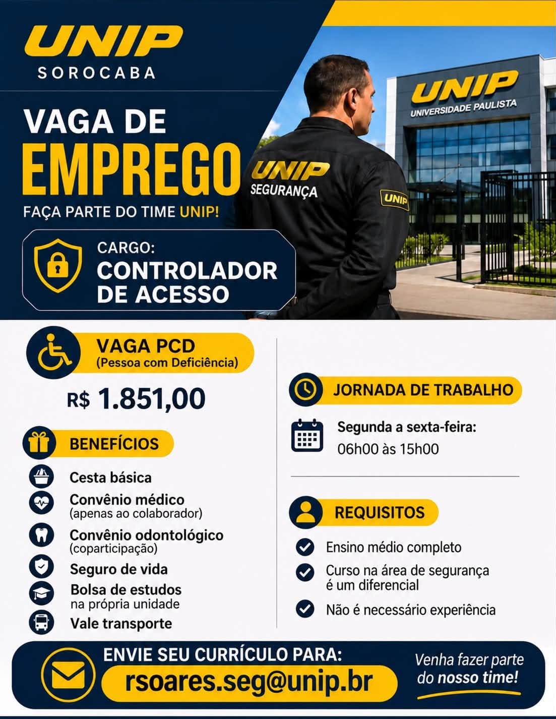 vaga de emprego pcd controlador de acesso unip sorocaba sp.